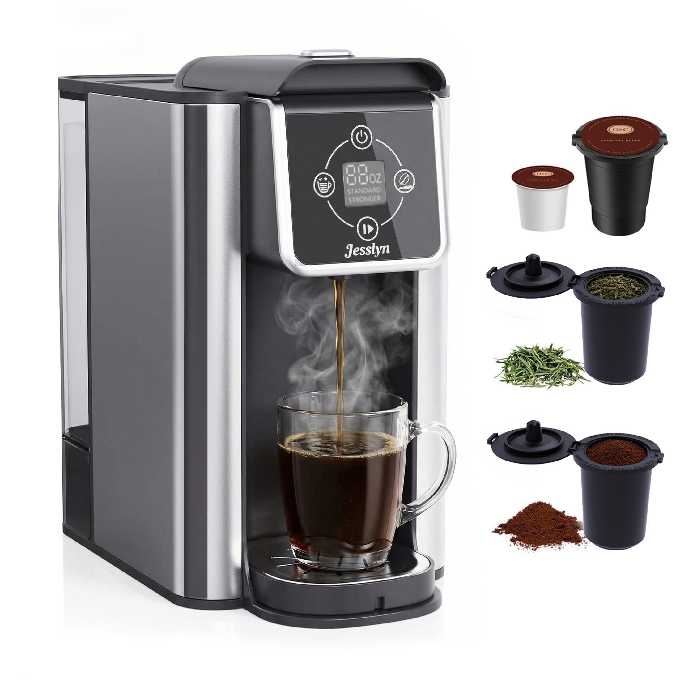 Jesslyn 3 in 1 Single Serve Coffee Maker: Coffee Machine Compatible with K Cup Capsules & Grounds, Instant Coffee Pot, Tea Maker Brewer - Removable 50 oz Water Reservoir, 120V 1150W, Black