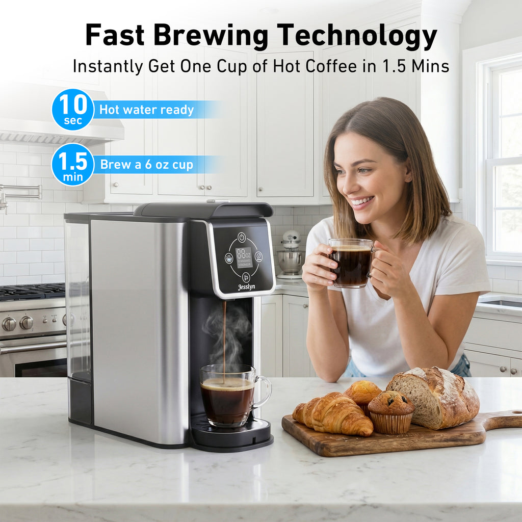Jesslyn 3 in 1 Single Serve Coffee Maker: Coffee Machine Compatible with K Cup Capsules & Grounds, Instant Coffee Pot, Tea Maker Brewer - Removable 50 oz Water Reservoir, 120V 1150W, Black