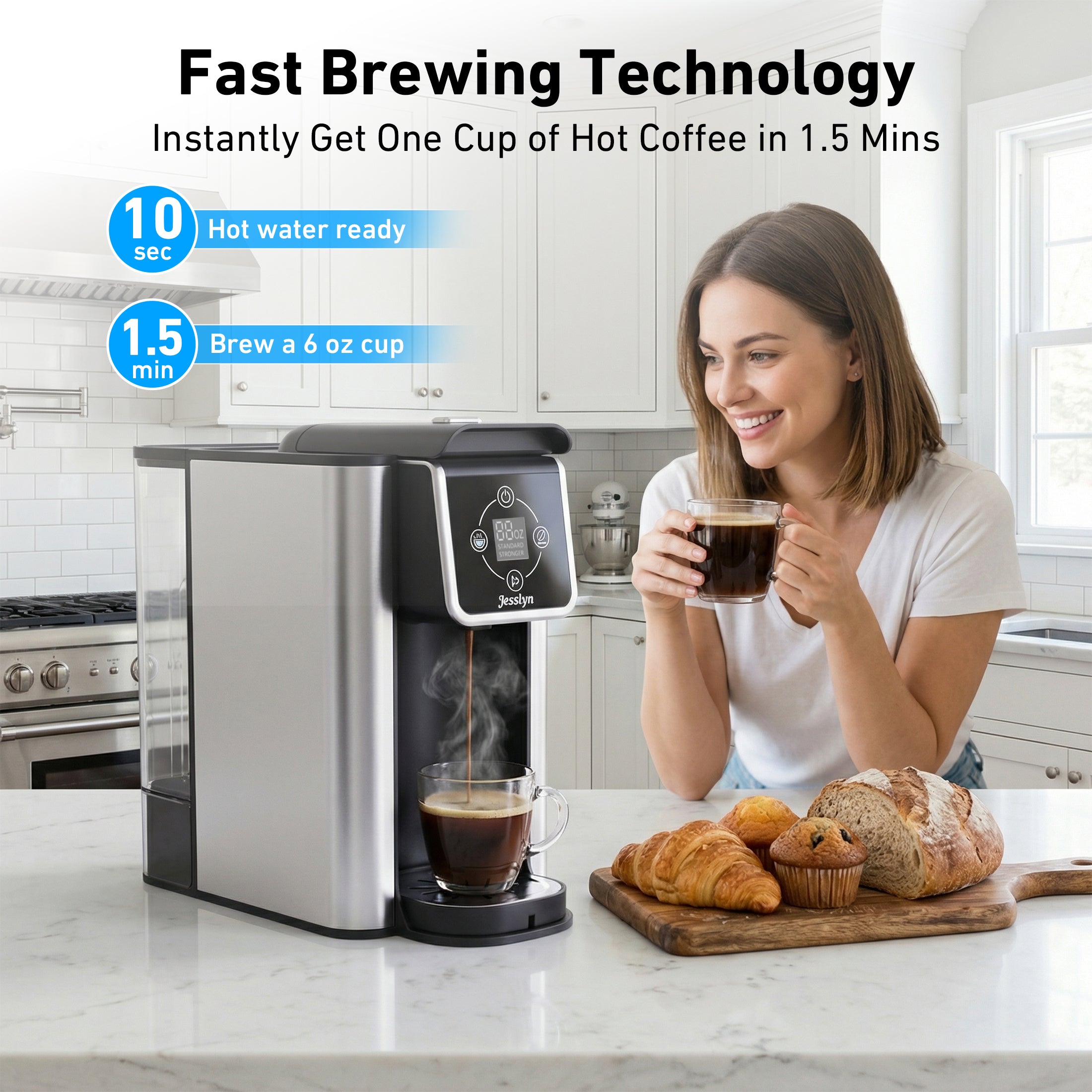 Jesslyn 3 in 1 Single Serve Coffee Maker: Coffee Machine Compatible with K Cup Capsules & Grounds, Instant Coffee Pot, Tea Maker Brewer - Removable 50 oz Water Reservoir, 120V 1150W, Black