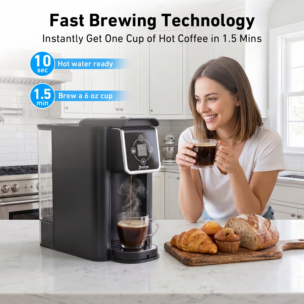 Jesslyn Coffee Maker 3 in 1 Single Serve Coffee Machine, Compatible with K cup Capsules, Instant Coffee Pot, Tea maker, 6,8,10 Oz Cup, Removable 50 Oz Water Reservoir, 120V 1150W, Metallic Black
