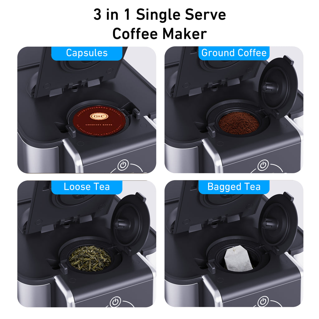Jesslyn 3 in 1 Single Serve Coffee Maker: Coffee Machine Compatible with K Cup Capsules & Grounds, Instant Coffee Pot, Tea Maker Brewer - Removable 50 oz Water Reservoir, 120V 1150W, Black