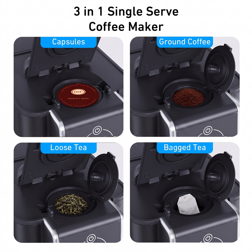 Jesslyn Coffee Maker 3 in 1 Single Serve Coffee Machine, Compatible with K cup Capsules, Instant Coffee Pot, Tea maker, 6,8,10 Oz Cup, Removable 50 Oz Water Reservoir, 120V 1150W, Metallic Black