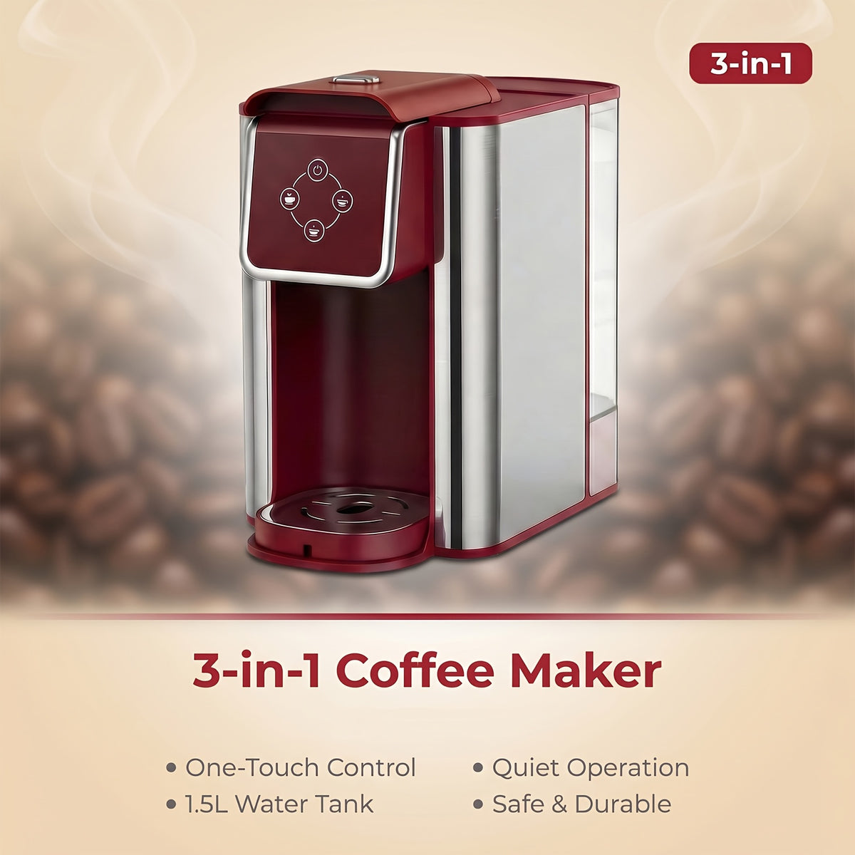 SIFENE 3-in-1 Single Serve Coffee Machine, K-Pod & Tea Brewer, 50 oz, Red