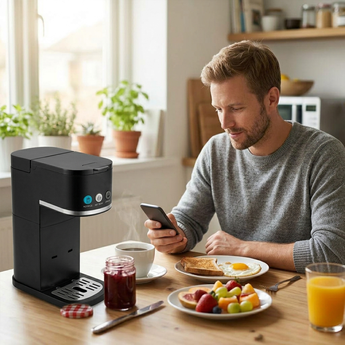 Jesslyn Iced & Hot Single Serve Coffee Maker, Compact Coffee Machine for Pods & Ground, Strong Brew, Fits Travel Mugs, for Office Dorm RV