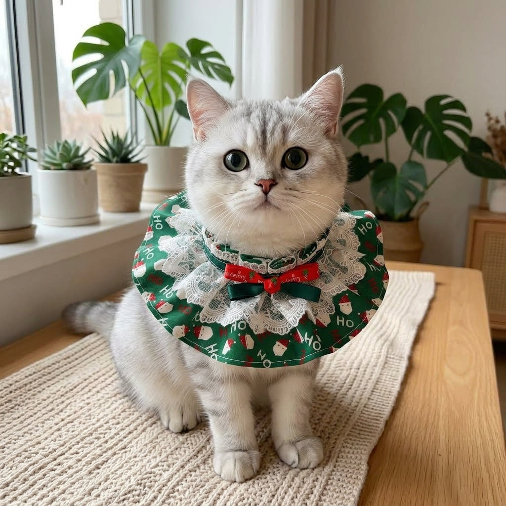 Christmas Pet Ruffle Collar, Green Santa Claus Print Double Bow Holiday Neckwear for Cats and Small Dogs, Festive Pet Accessory, M