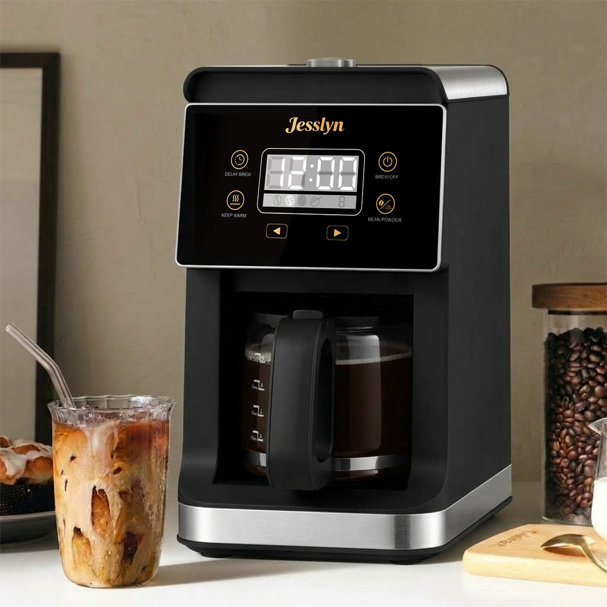 Jesslyn Grind & Brew Coffee Maker with Built-In Grinder 5-Cup | Drip Coffee Machine with 24H Programmable Timer, 3 Grind Settings, Fresh Ground Coffee Maker for Home & Office