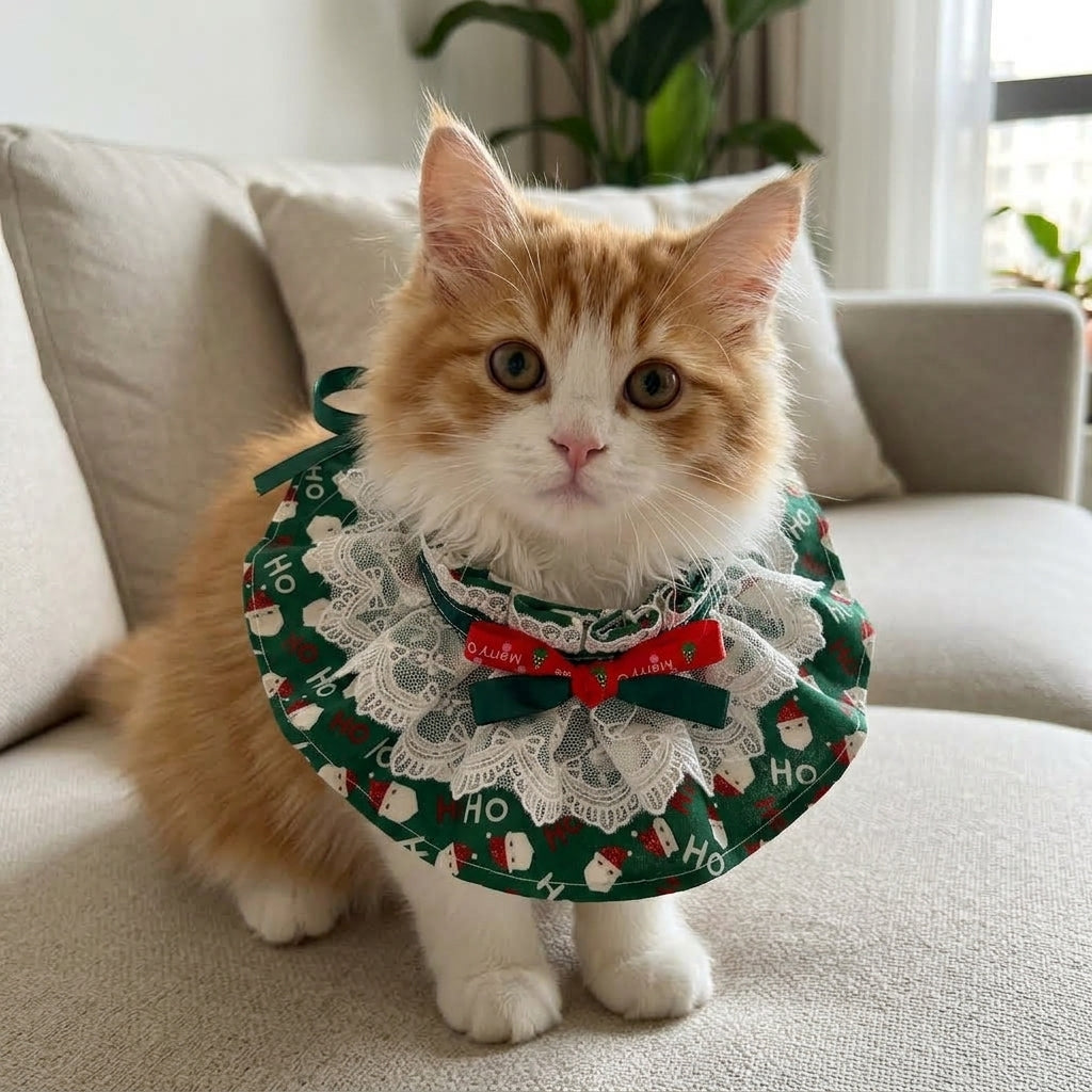 Christmas Pet Ruffle Collar, Green Santa Claus Print Double Bow Holiday Neckwear for Cats and Small Dogs, Festive Pet Accessory, M