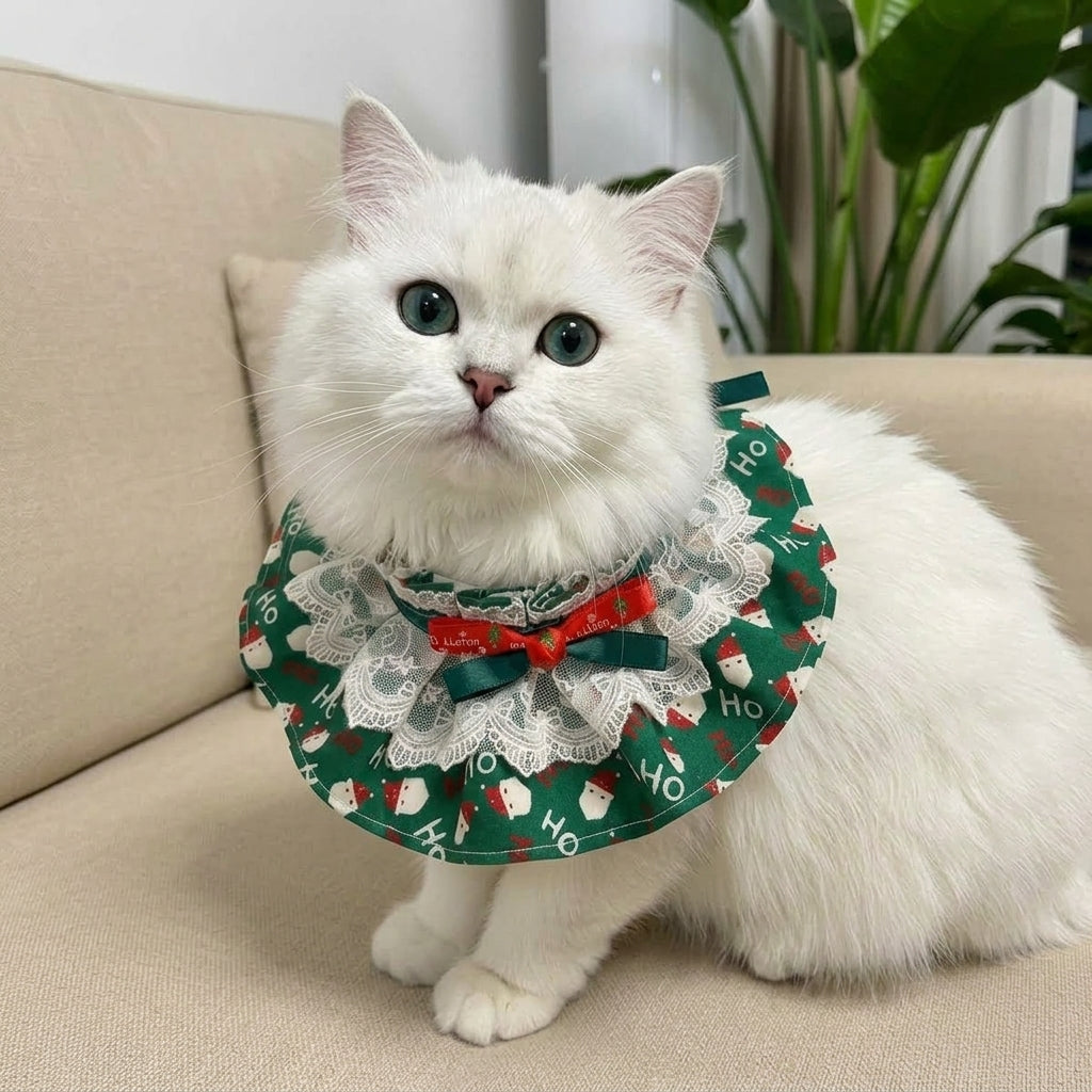Christmas Pet Ruffle Collar, Green Santa Claus Print Double Bow Holiday Neckwear for Cats and Small Dogs, Festive Pet Accessory, M