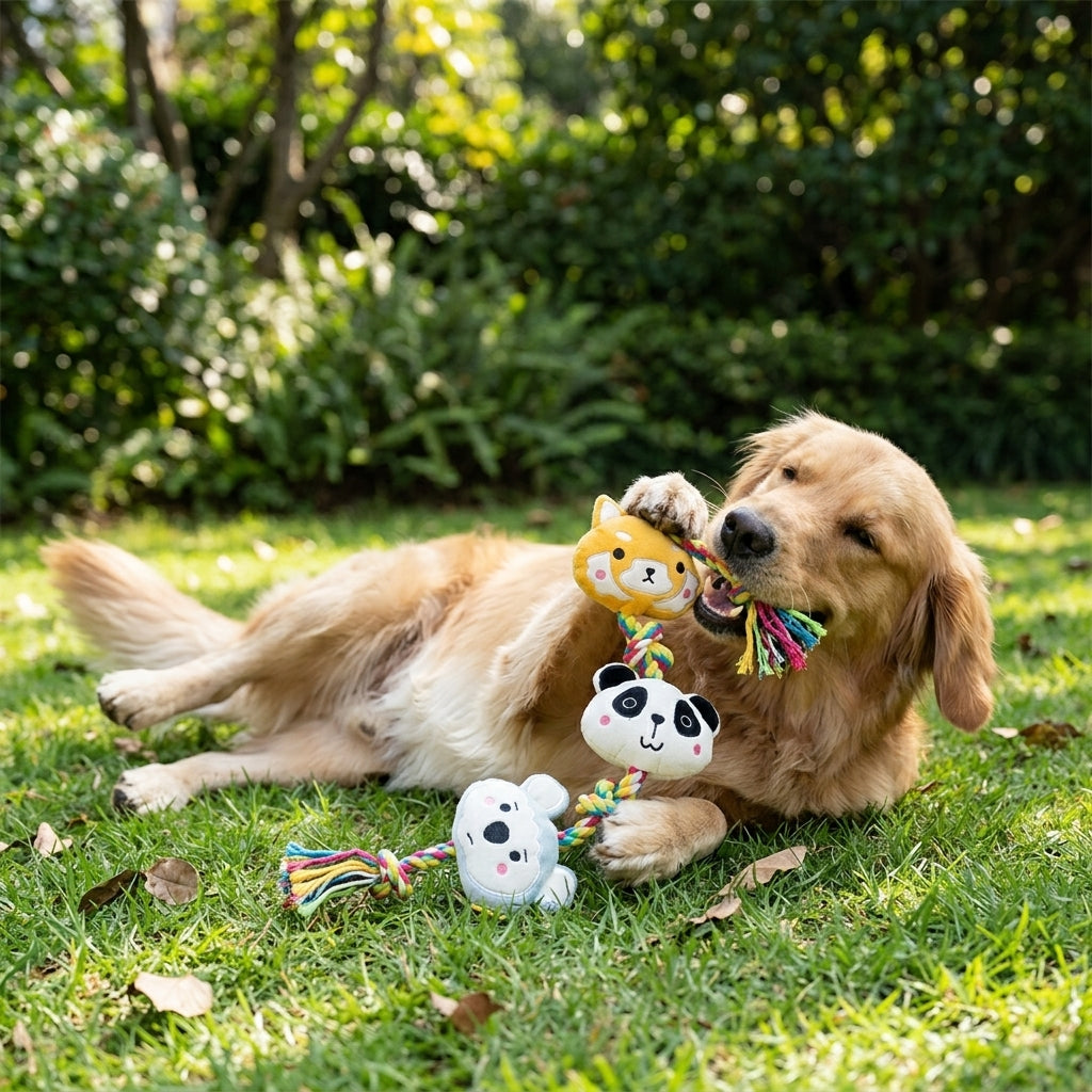 Plush Squeaky Rope Tug Toy for Dogs, Interactive Knotted Rope Toy with 3 Plush Animal Figures for Tug of War, Fetch and Play