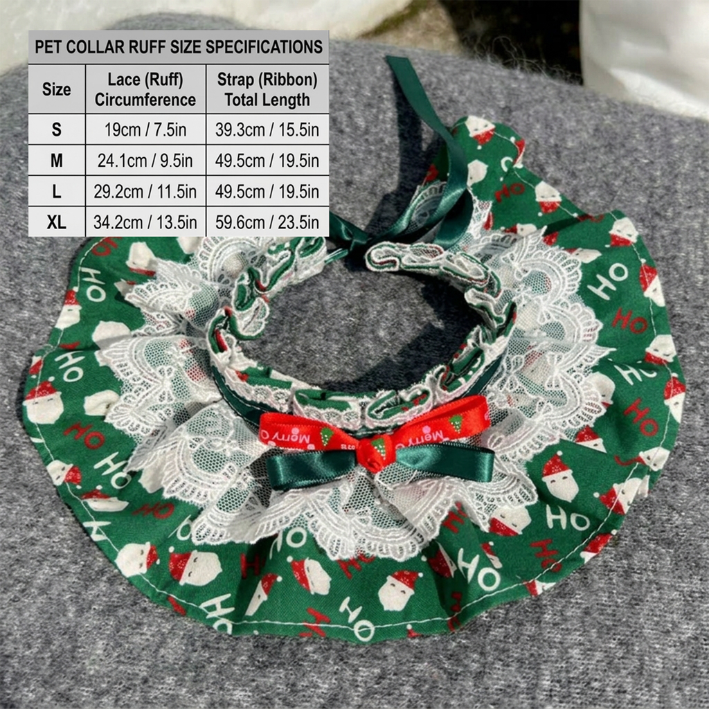 Christmas Pet Ruffle Collar, Green Santa Claus Print Double Bow Holiday Neckwear for Cats and Small Dogs, Festive Pet Accessory, M