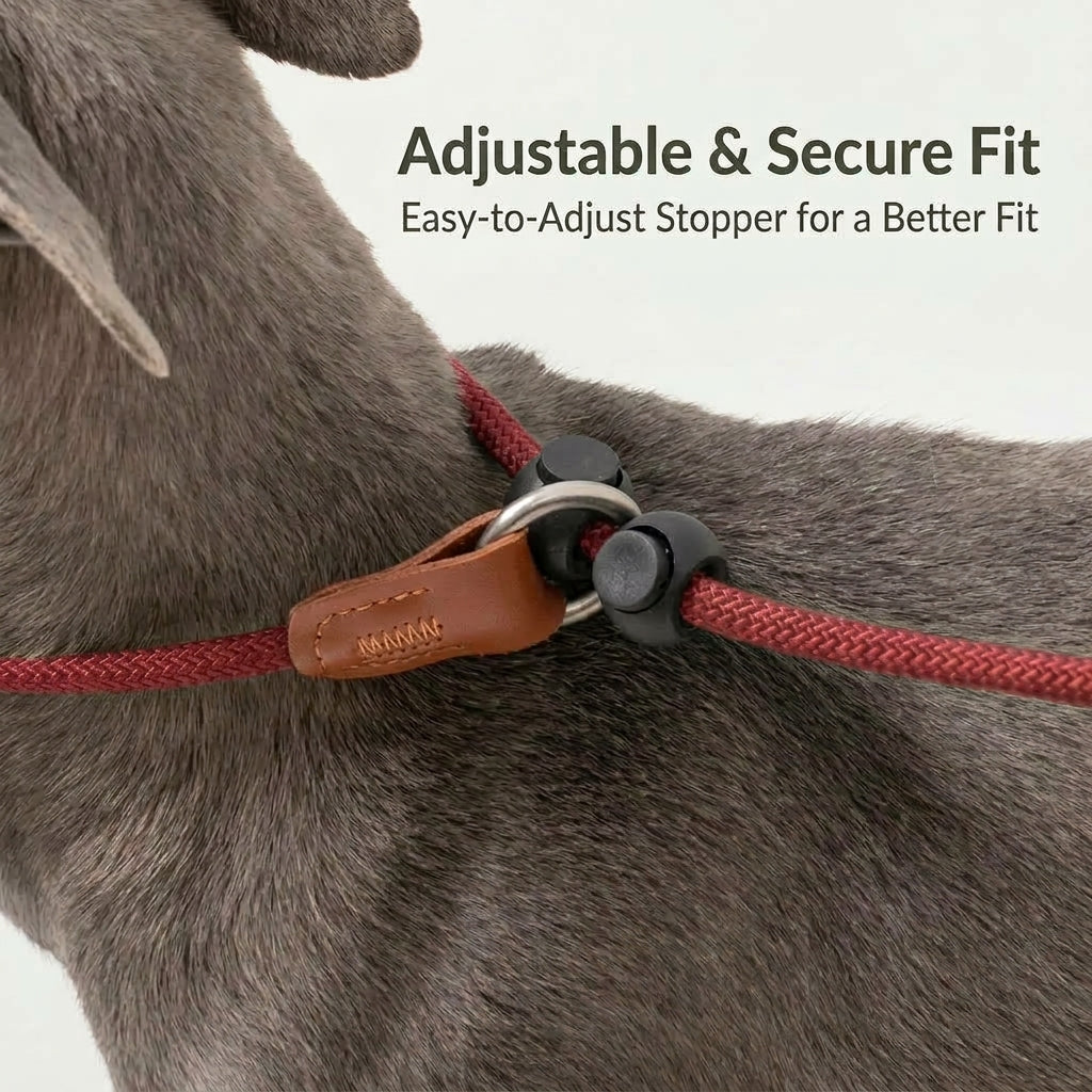 One-Piece P-Style Dog Leash with Leather Handle, Adjustable Slip Lead with Dual Stopper for Walking and Basic Training