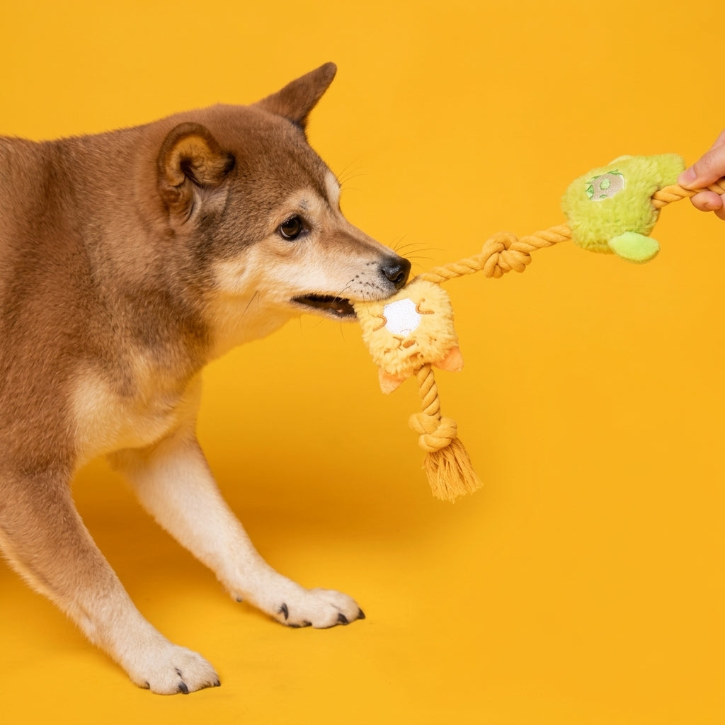 Plush Rope Dog Toy with Knots, Interactive Tug and Chew Toy with Crinkle and Squeaky Sounds, Blue Green Orange Style
