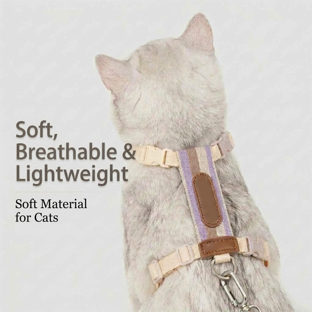 Striped Cat Harness and Leash Set, Lightweight H-Style Cat Harness with Adjustable Leash, Comfortable Walking Set, Lavender Cream and Brown
