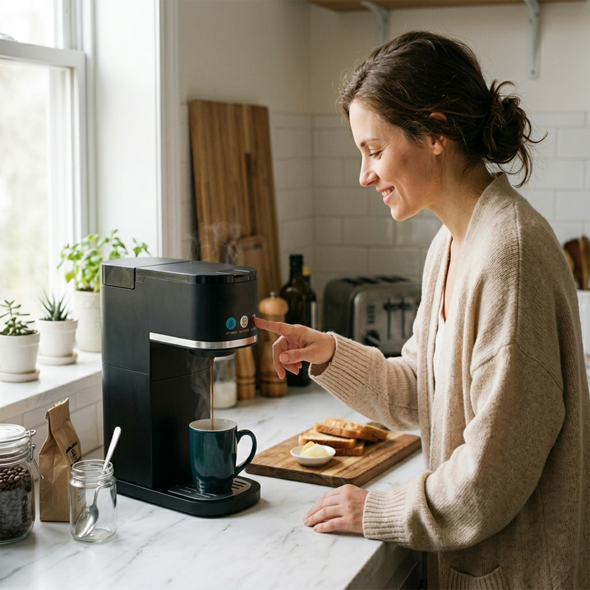 Jesslyn Iced & Hot Single Serve Coffee Maker, Compact Coffee Machine for Pods & Ground, Strong Brew, Fits Travel Mugs, for Office Dorm RV