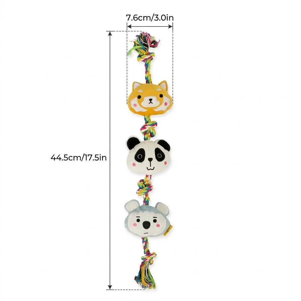 Plush Squeaky Rope Tug Toy for Dogs, Interactive Knotted Rope Toy with 3 Plush Animal Figures for Tug of War, Fetch and Play