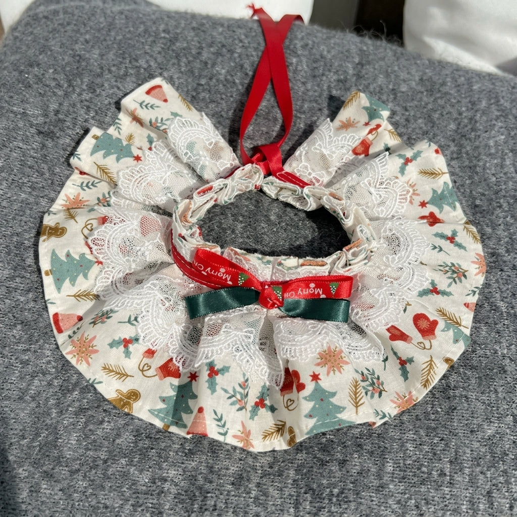 Christmas Pet Ruffle Collar, Lace Trim Double Bow Holiday Neckwear for Cats and Small Dogs, Festive Christmas Pet Accessory, XL