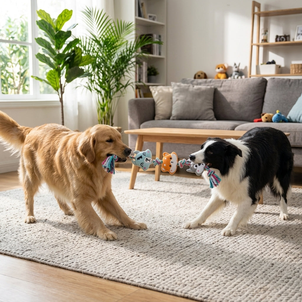 Plush Squeaky Rope Tug Toy for Dogs, Interactive Knotted Rope Toy with 3 Plush Animal Figures for Tug of War, Fetch and Play