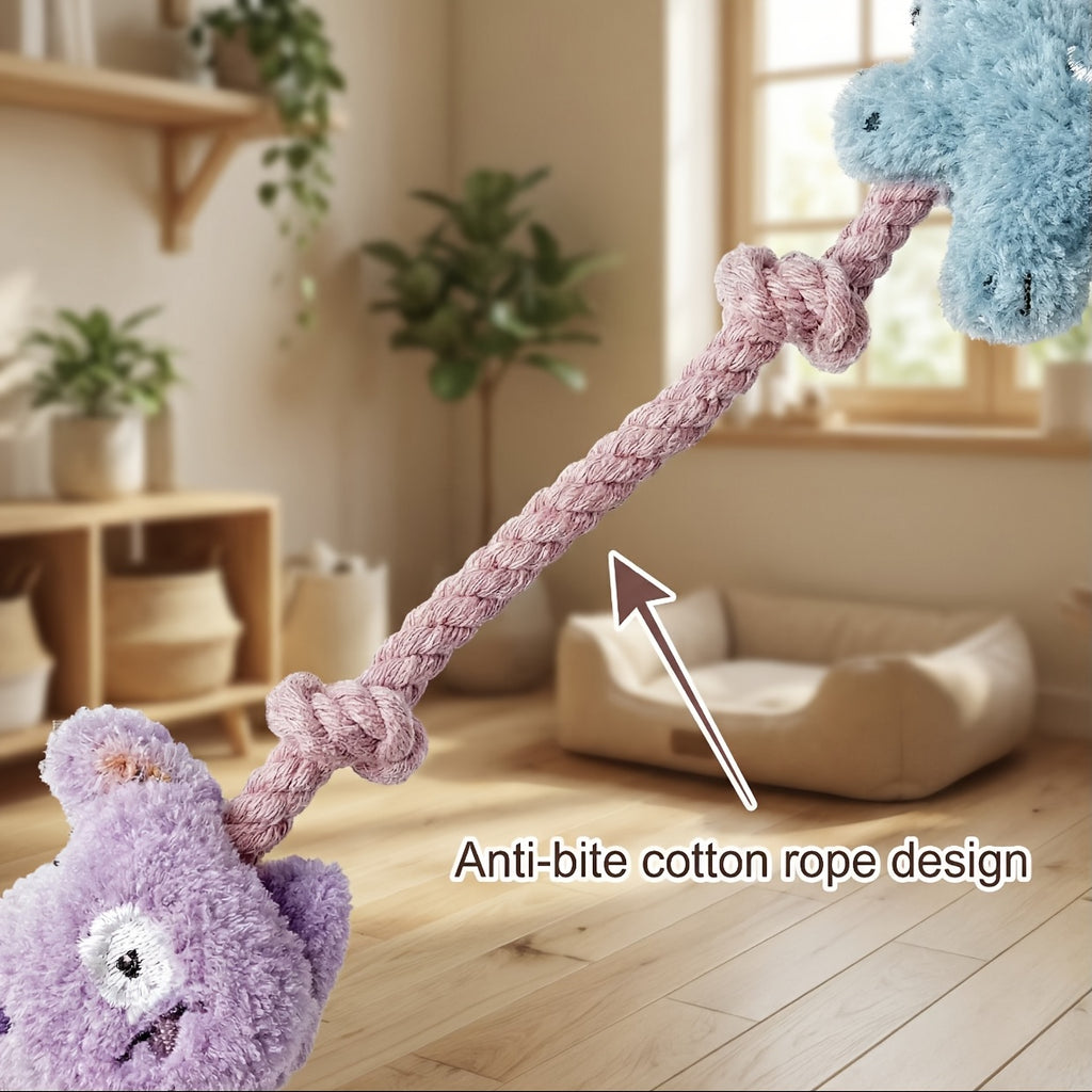 Plush Rope Dog Toy with Knots, Interactive Tug and Chew Toy with Crinkle and Squeaky Sounds, Pink Purple Blue Style