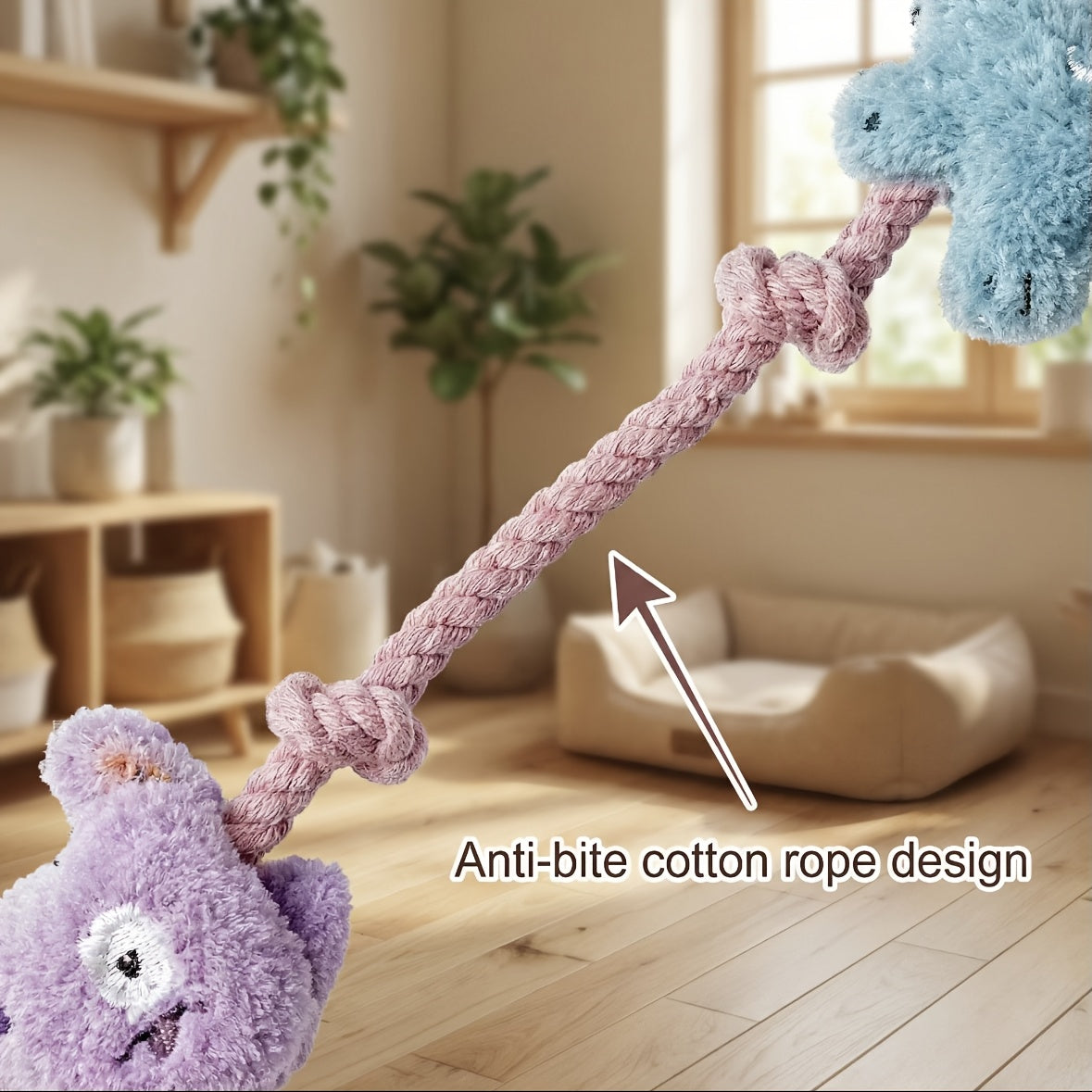 Plush Rope Dog Toy with Knots, Interactive Tug and Chew Toy with Crinkle and Squeaky Sounds, Pink Purple Blue Style