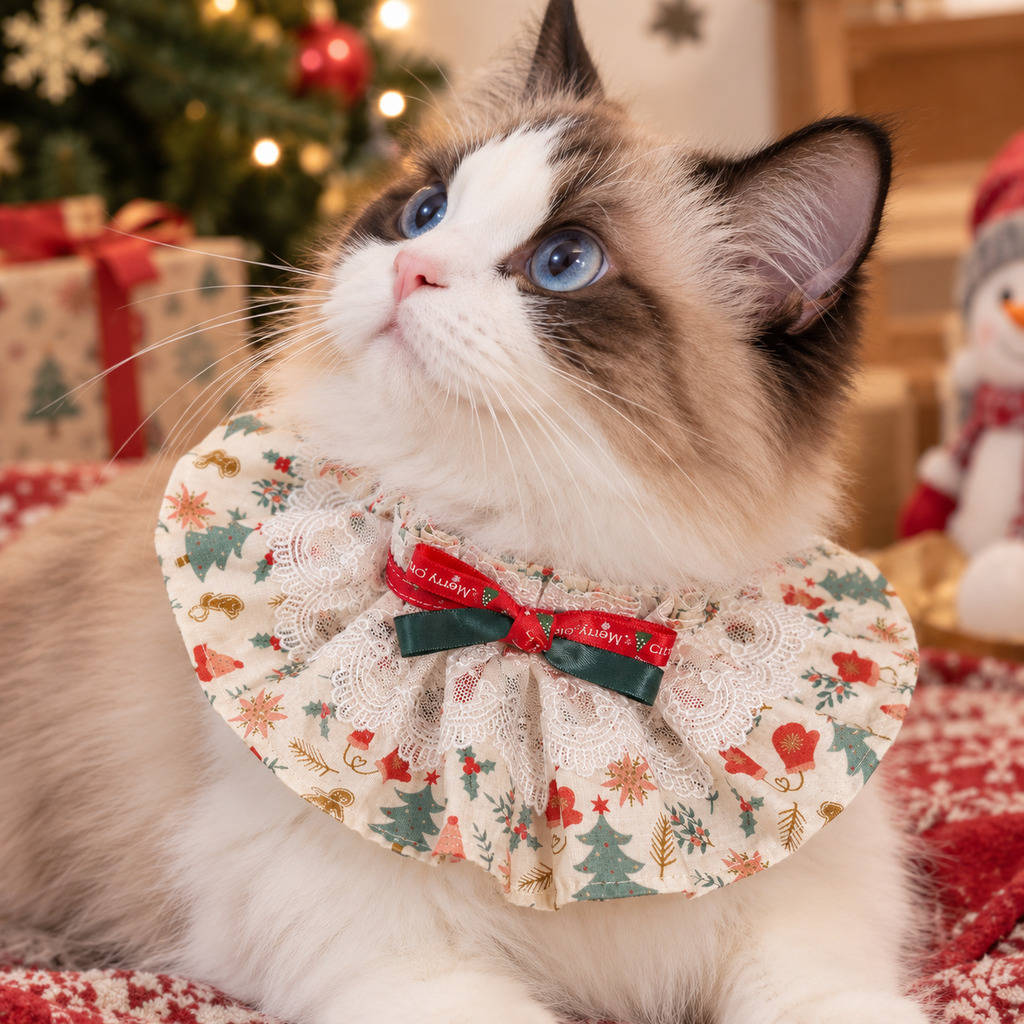 Christmas Pet Ruffle Collar, Lace Trim Double Bow Holiday Neckwear for Cats and Small Dogs, Festive Christmas Pet Accessory, XL
