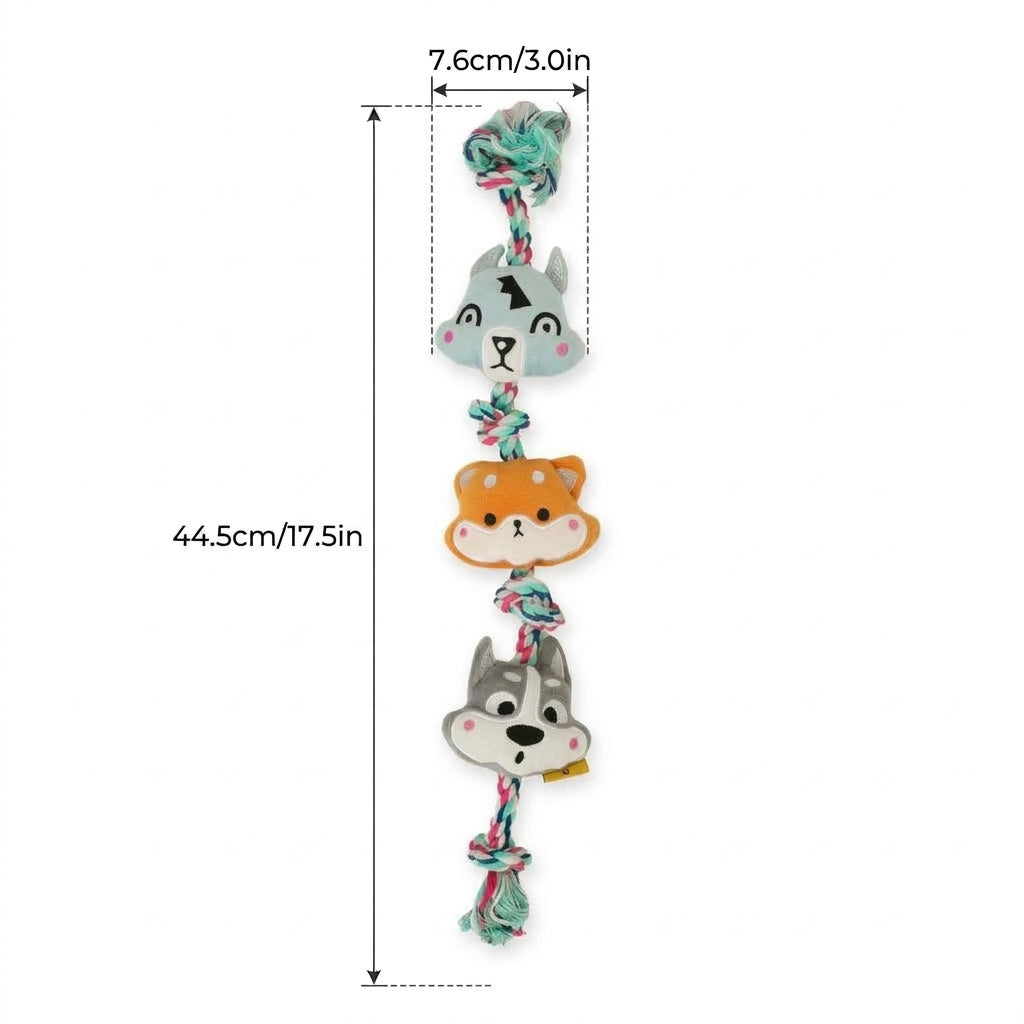 Plush Squeaky Rope Tug Toy for Dogs, Interactive Knotted Rope Toy with 3 Plush Animal Figures for Tug of War, Fetch and Play