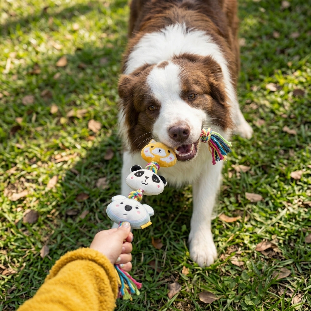 Plush Squeaky Rope Tug Toy for Dogs, Interactive Knotted Rope Toy with 3 Plush Animal Figures for Tug of War, Fetch and Play