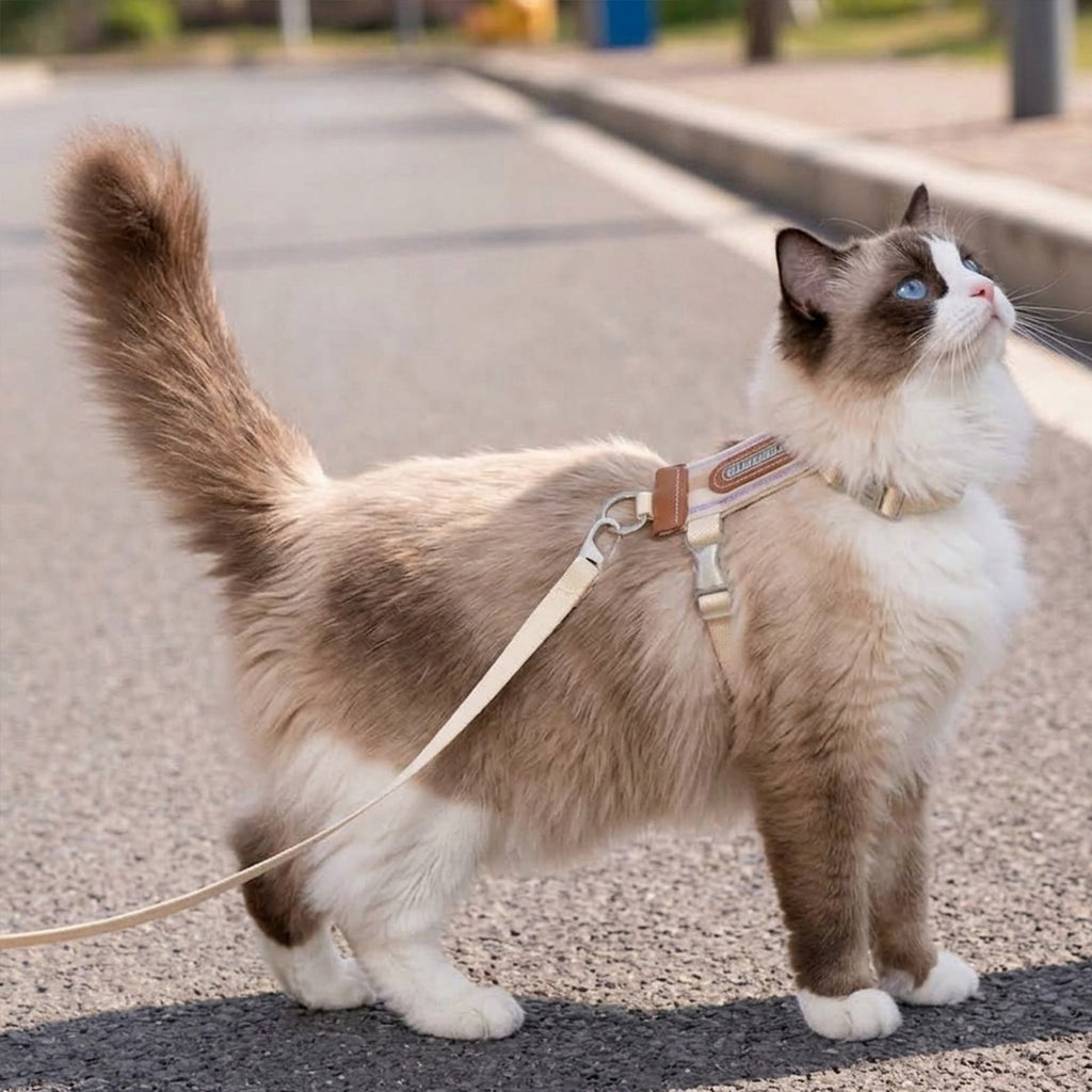 Striped Cat Harness and Leash Set, Lightweight H-Style Cat Harness with Adjustable Leash, Comfortable Walking Set, Lavender Cream and Brown