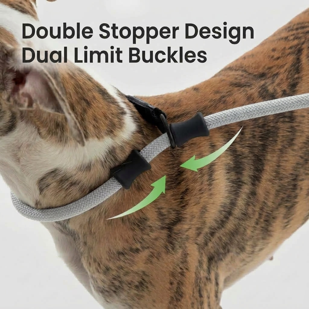 One-Piece P-Style Dog Leash, Adjustable Slip Lead with Dual Silicone Stoppers, 360-Degree Rotating Connection and Waste Bag Loop