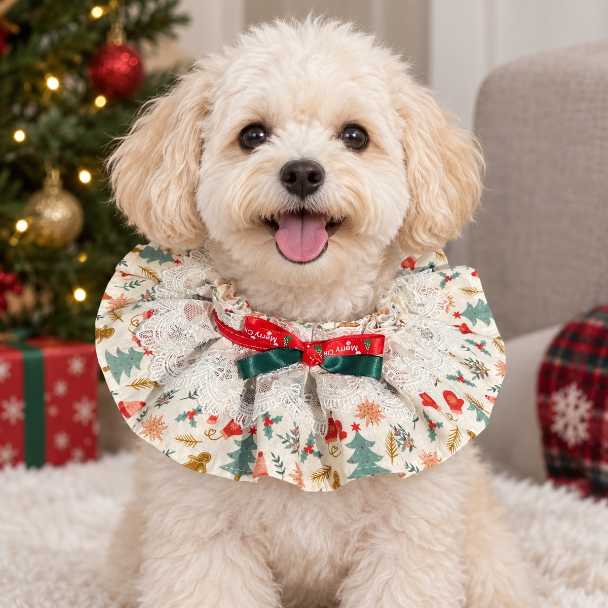 Christmas Pet Ruffle Collar, Lace Trim Double Bow Holiday Neckwear for Cats and Small Dogs, Festive Christmas Pet Accessory, XL