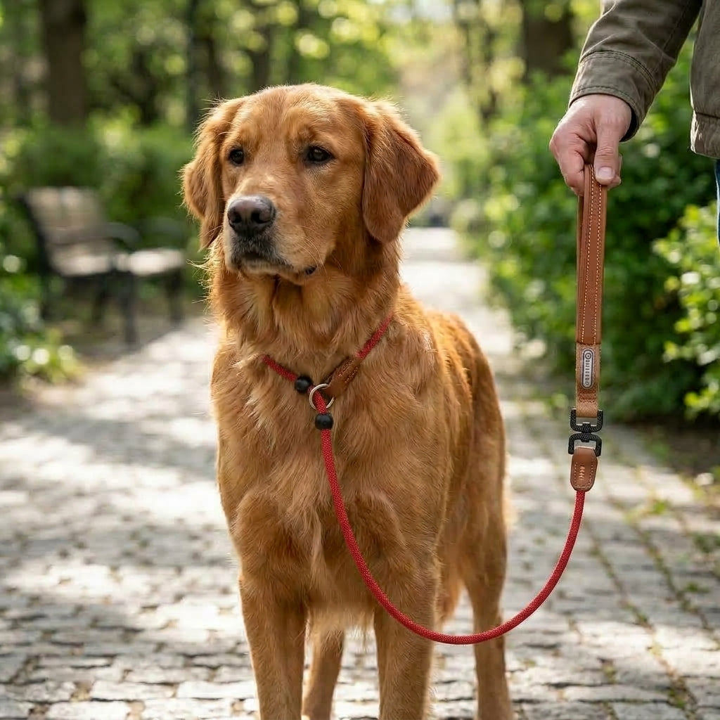 One-Piece P-Style Dog Leash with Leather Handle, Adjustable Slip Lead with Dual Stopper for Walking and Basic Training