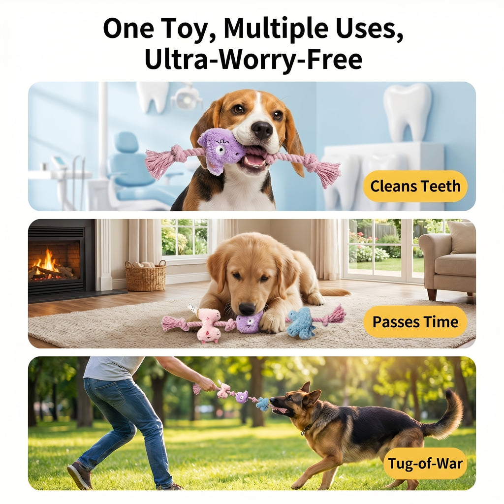 Plush Rope Dog Toy with Knots, Interactive Tug and Chew Toy with Crinkle and Squeaky Sounds, Pink Purple Blue Style