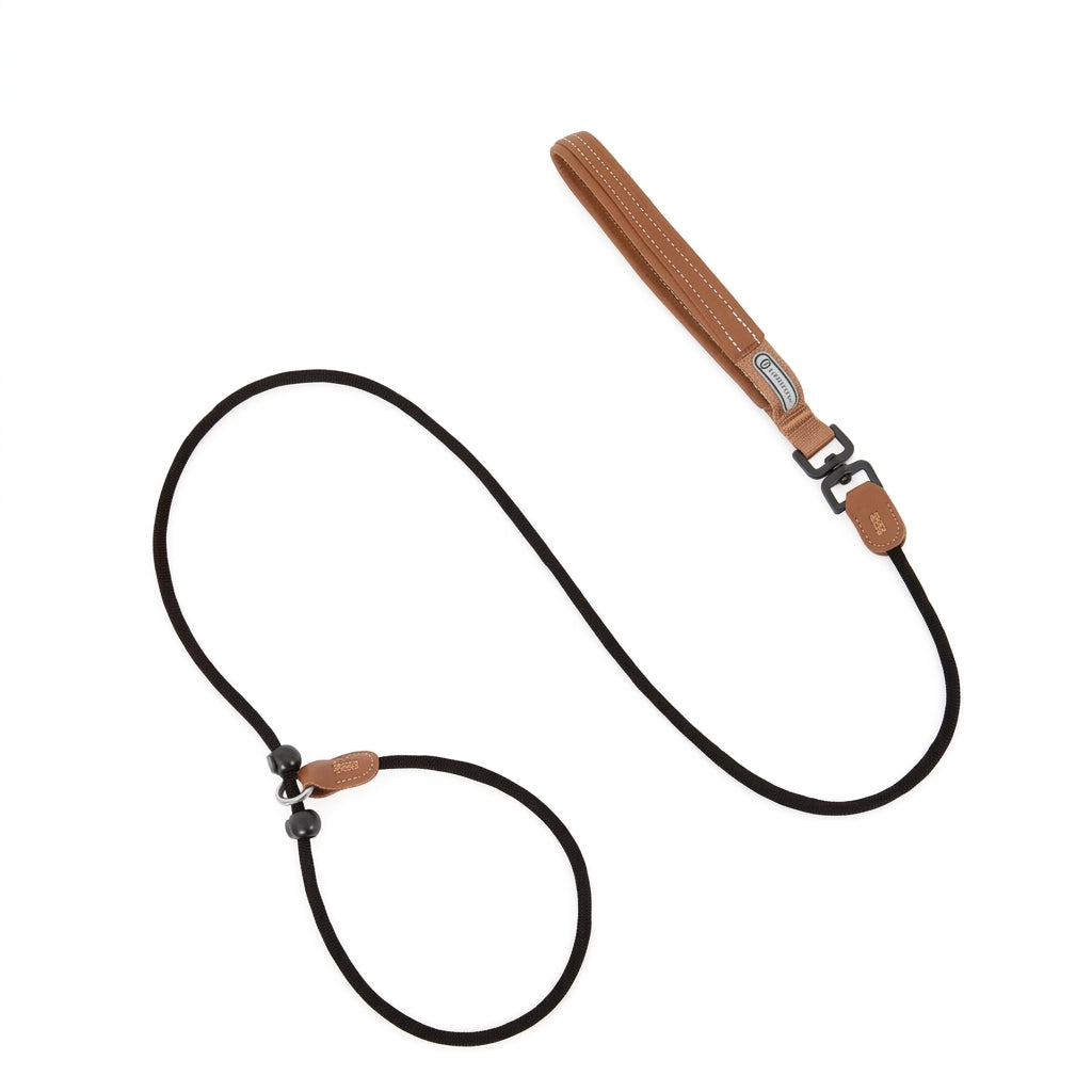 One-Piece P-Style Dog Leash with Leather Handle, Adjustable Slip Lead with Dual Stopper for Walking and Basic Training