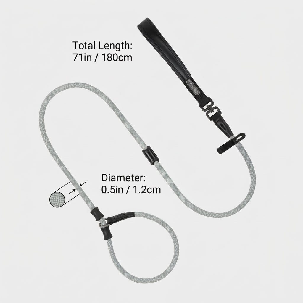 One-Piece P-Style Dog Leash, Adjustable Slip Lead with Dual Silicone Stoppers, 360-Degree Rotating Connection and Waste Bag Loop