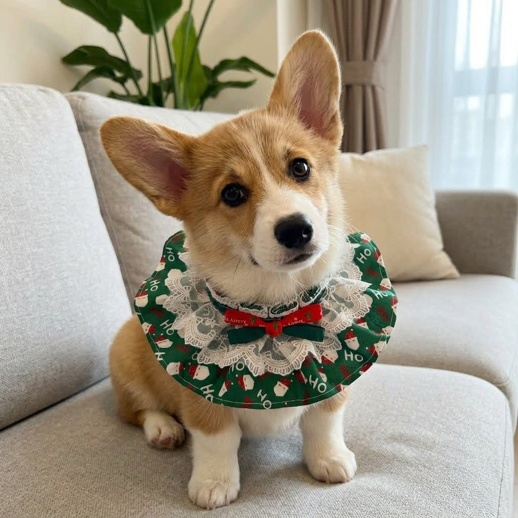 Christmas Pet Ruffle Collar, Green Santa Claus Print Double Bow Holiday Neckwear for Cats and Small Dogs, Festive Pet Accessory, M
