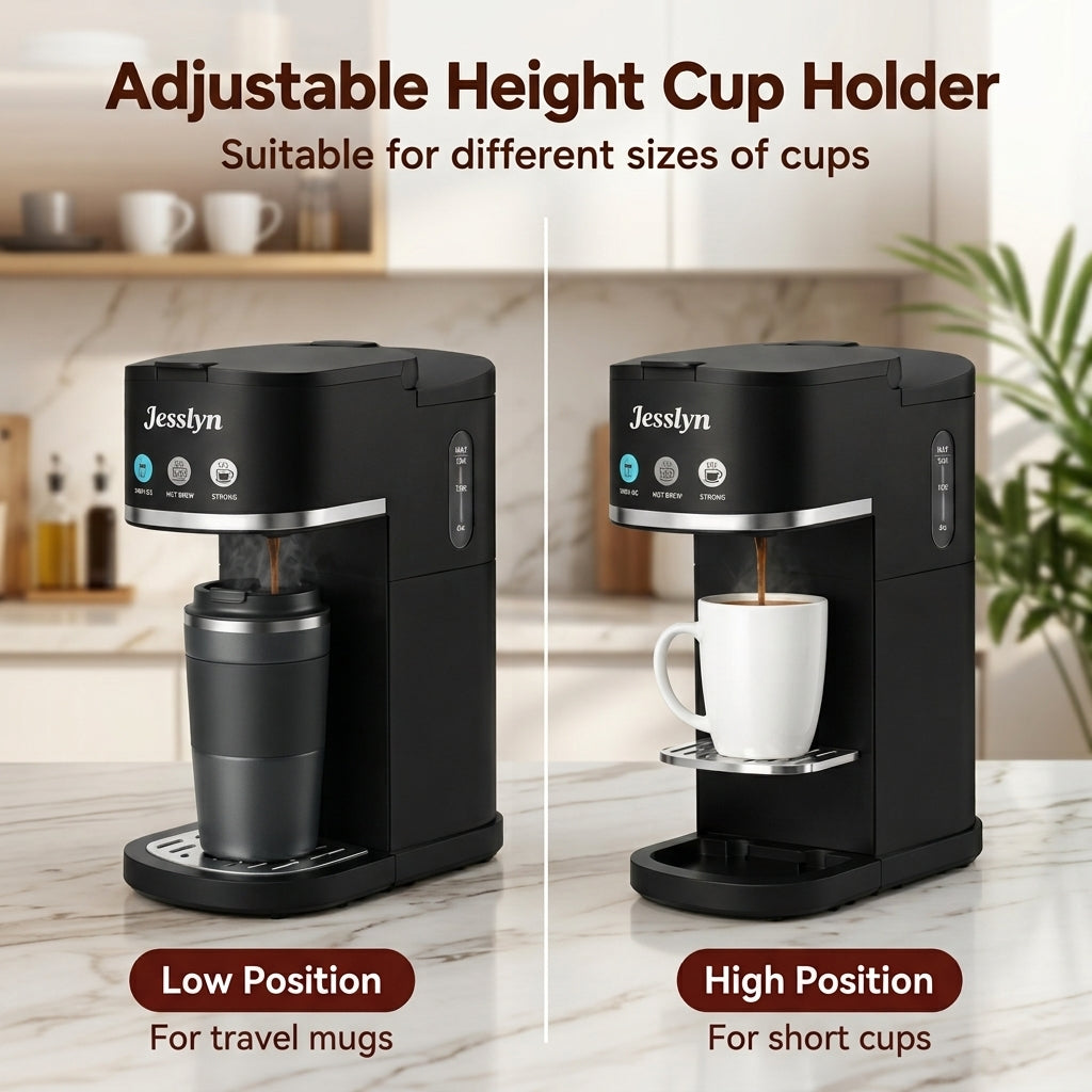 Jesslyn Iced & Hot Single Serve Coffee Maker, Compact Coffee Machine for Pods & Ground, Strong Brew, Fits Travel Mugs, for Office Dorm RV