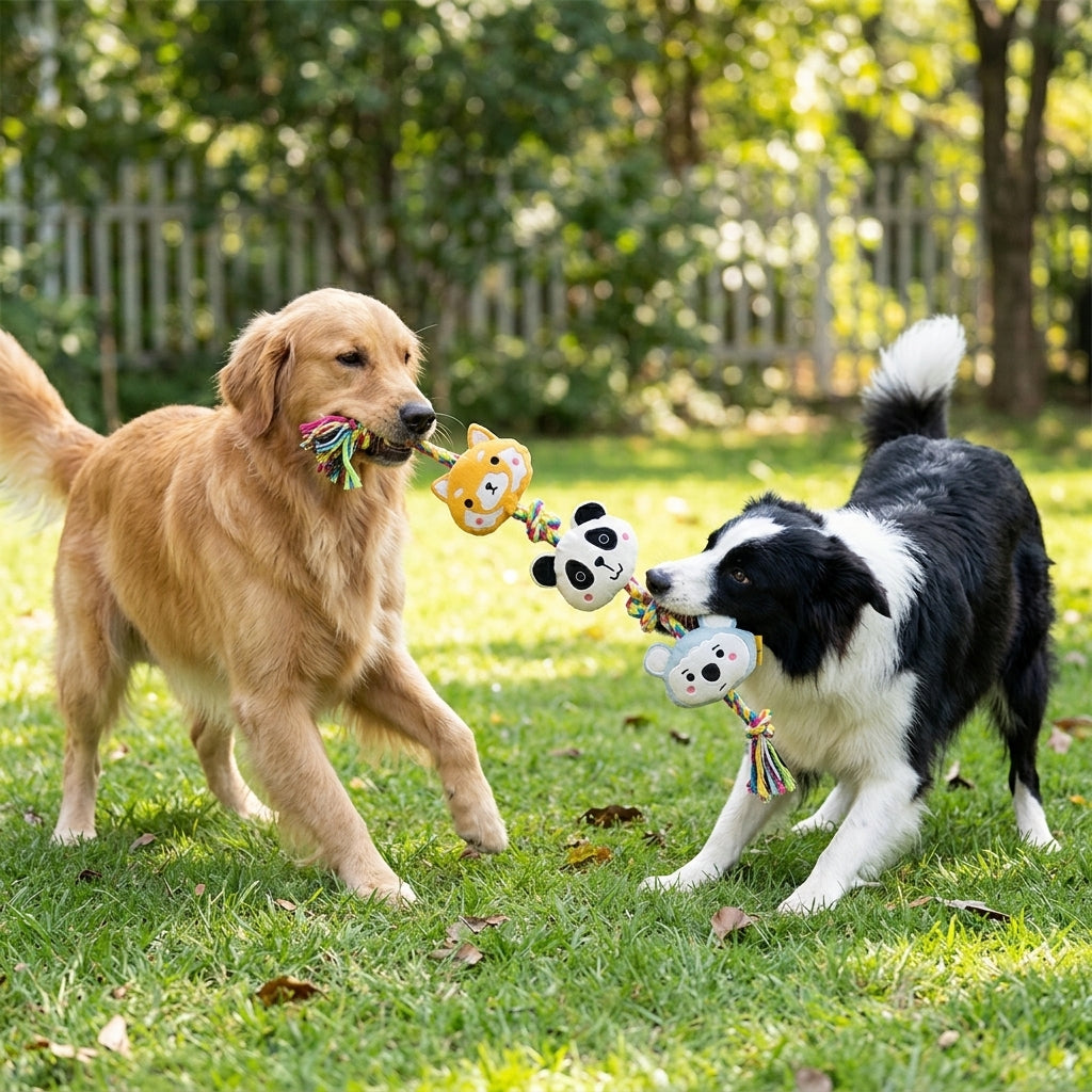 Plush Squeaky Rope Tug Toy for Dogs, Interactive Knotted Rope Toy with 3 Plush Animal Figures for Tug of War, Fetch and Play