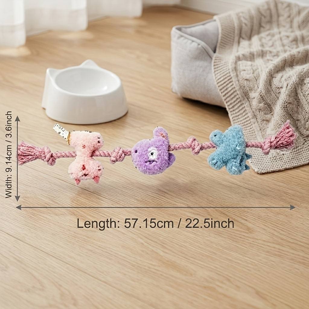 Plush Rope Dog Toy with Knots, Interactive Tug and Chew Toy with Crinkle and Squeaky Sounds, Pink Purple Blue Style