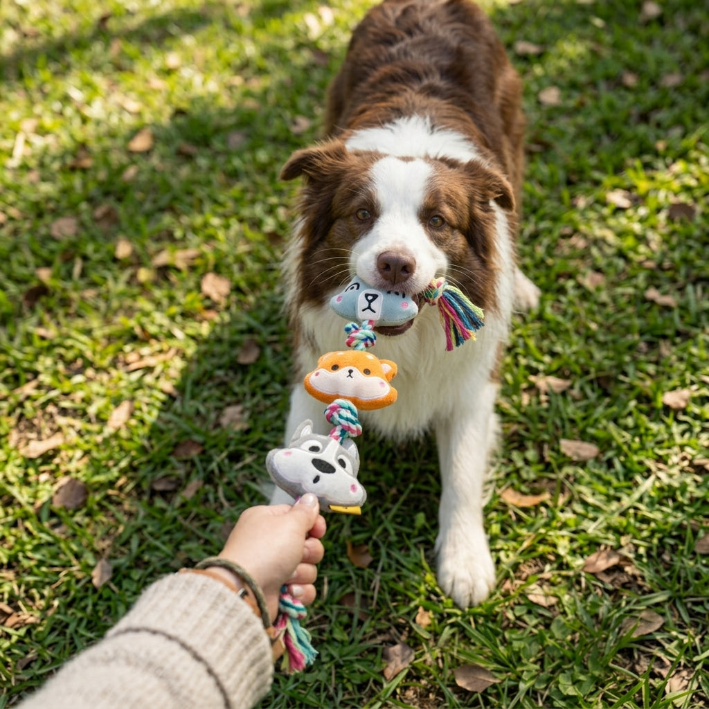 Plush Squeaky Rope Tug Toy for Dogs, Interactive Knotted Rope Toy with 3 Plush Animal Figures for Tug of War, Fetch and Play