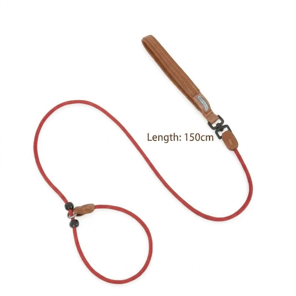One-Piece P-Style Dog Leash with Leather Handle, Adjustable Slip Lead with Dual Stopper for Walking and Basic Training
