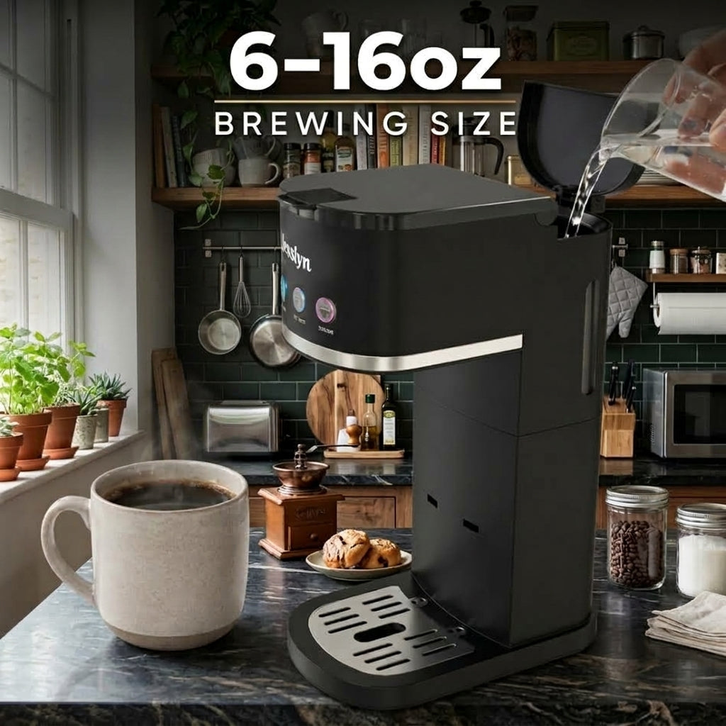 Jesslyn Iced & Hot Single Serve Coffee Maker, Compact Coffee Machine for Pods & Ground, Strong Brew, Fits Travel Mugs, for Office Dorm RV