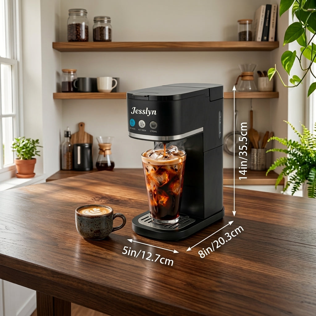 Jesslyn Iced & Hot Single Serve Coffee Maker, Compact Coffee Machine for Pods & Ground, Strong Brew, Fits Travel Mugs, for Office Dorm RV