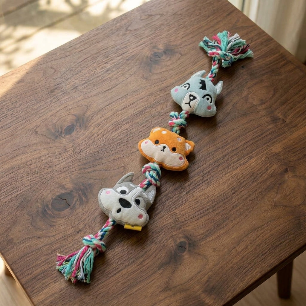 Plush Squeaky Rope Tug Toy for Dogs, Interactive Knotted Rope Toy with 3 Plush Animal Figures for Tug of War, Fetch and Play