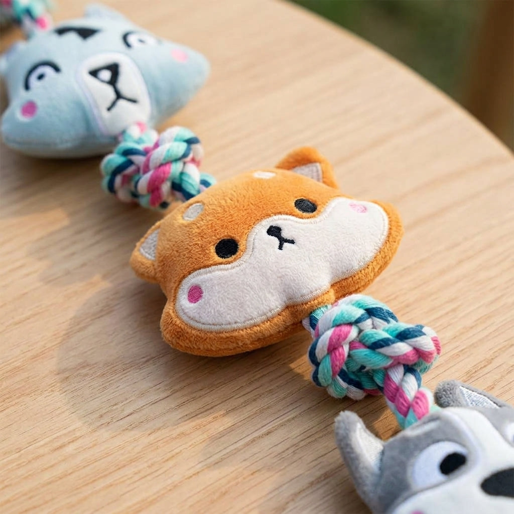 Plush Squeaky Rope Tug Toy for Dogs, Interactive Knotted Rope Toy with 3 Plush Animal Figures for Tug of War, Fetch and Play