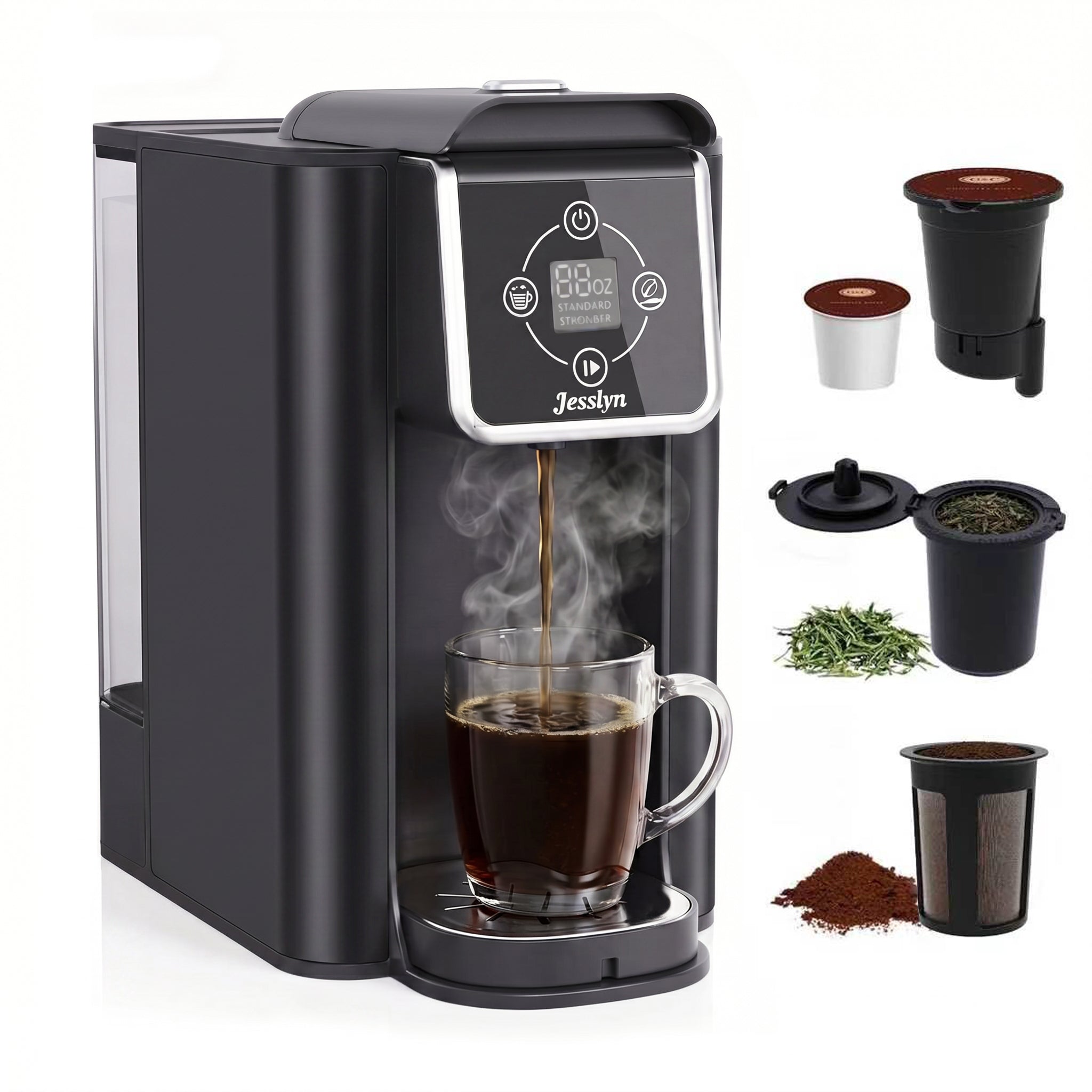Jesslyn Coffee Maker 3 in 1 Single Serve Coffee Machine, Compatible with K cup Capsules, Instant Coffee Pot, Tea maker, 6,8,10 Oz Cup, Removable 50 Oz Water Reservoir, 120V 1150W, Metallic Black
