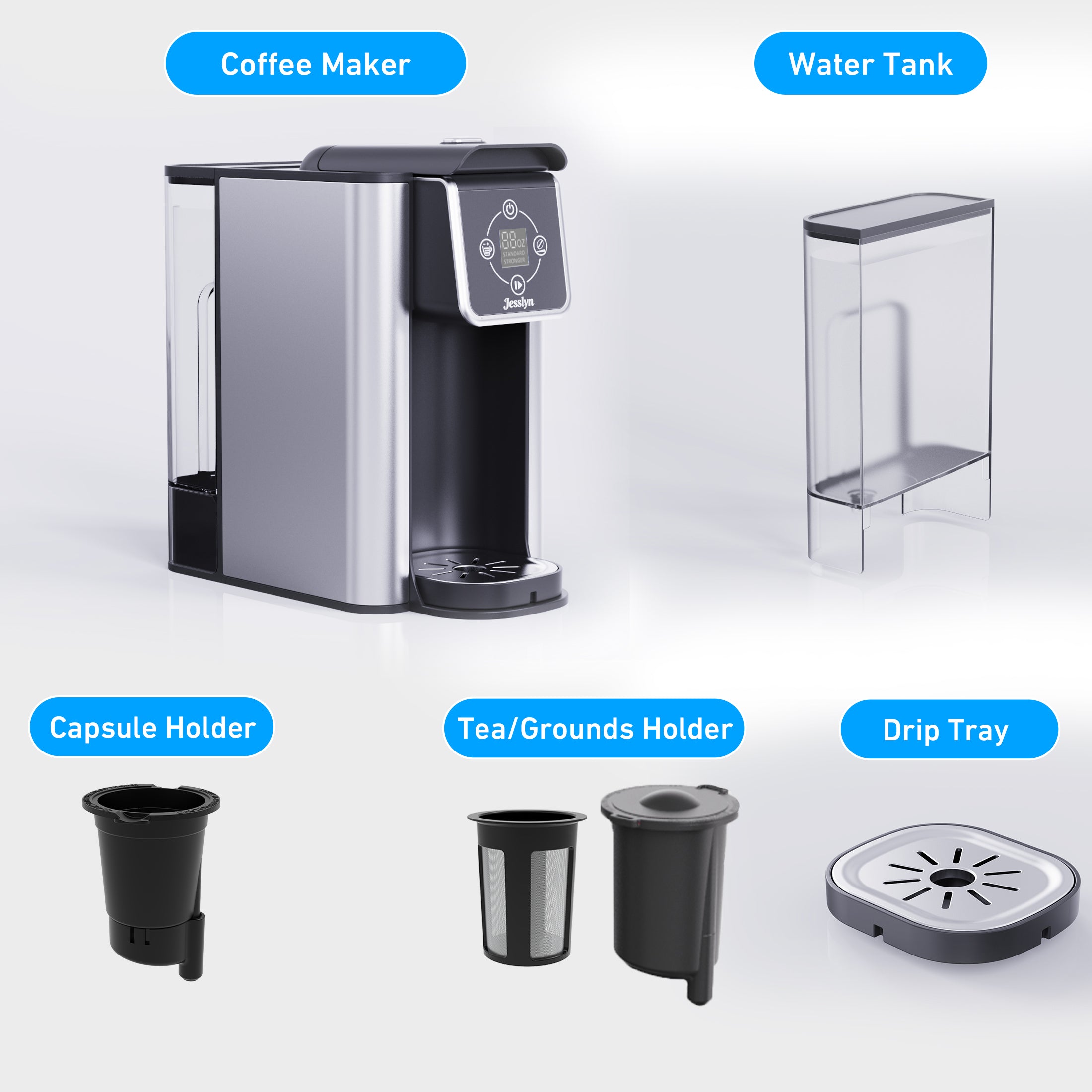Jesslyn 3 in 1 Single Serve Coffee Maker: Coffee Machine Compatible with K Cup Capsules & Grounds, Instant Coffee Pot, Tea Maker Brewer - Removable 50 oz Water Reservoir, 120V 1150W, Black