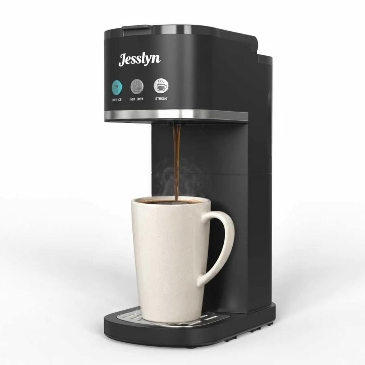 Jesslyn Single Serve Hot and Iced Coffee Maker, Compatible with Multiple Coffee Pods & Ground, Fits Tall Mugs, Over Ice & Strong Brew Function, for Home Office Travel RV Dorm, Classic Black