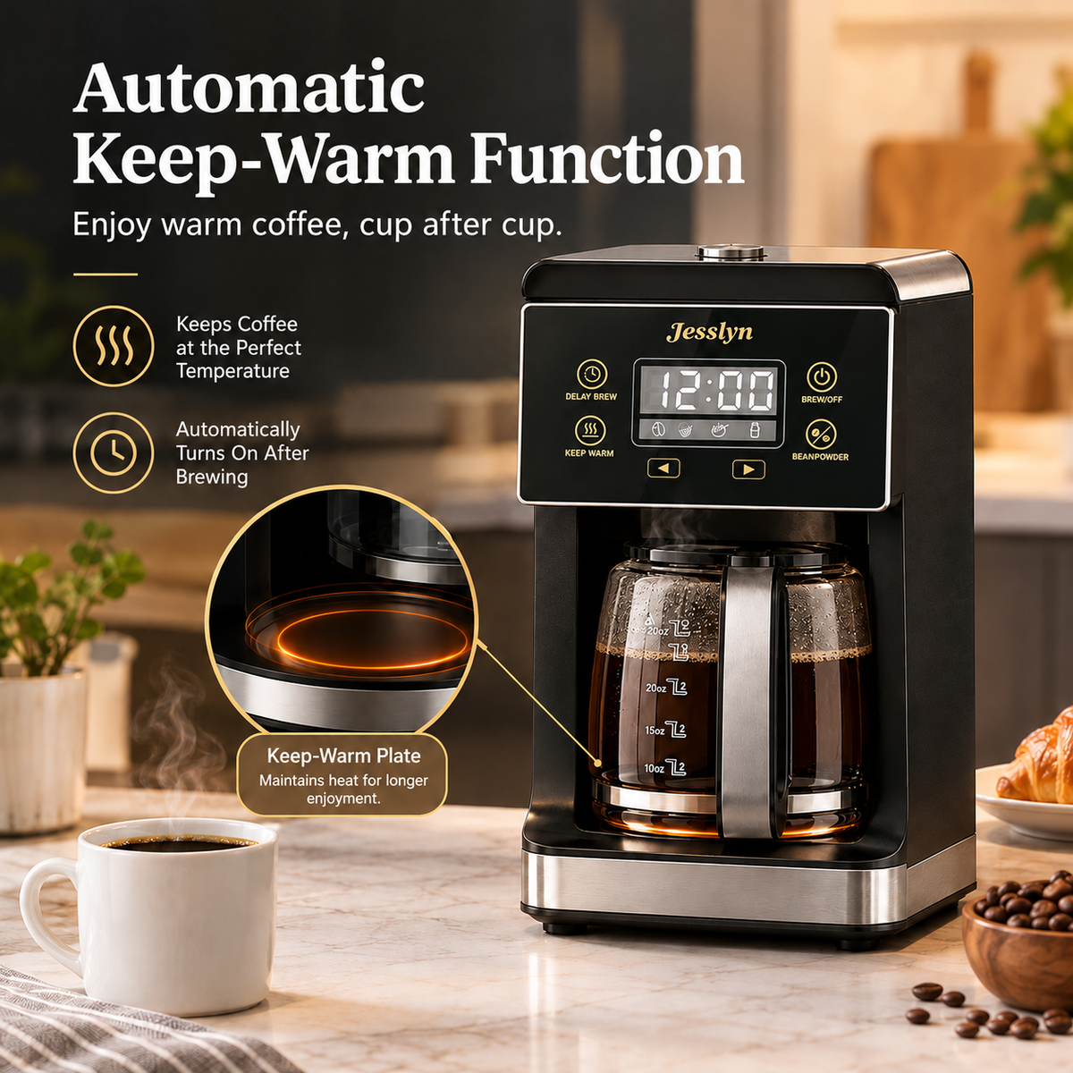 Drip Coffee Maker with Built-in Grinder, Programmable Timer, Glass Carafe and Keep Warm Function, Automatic Coffee Machine for Home Kitchen