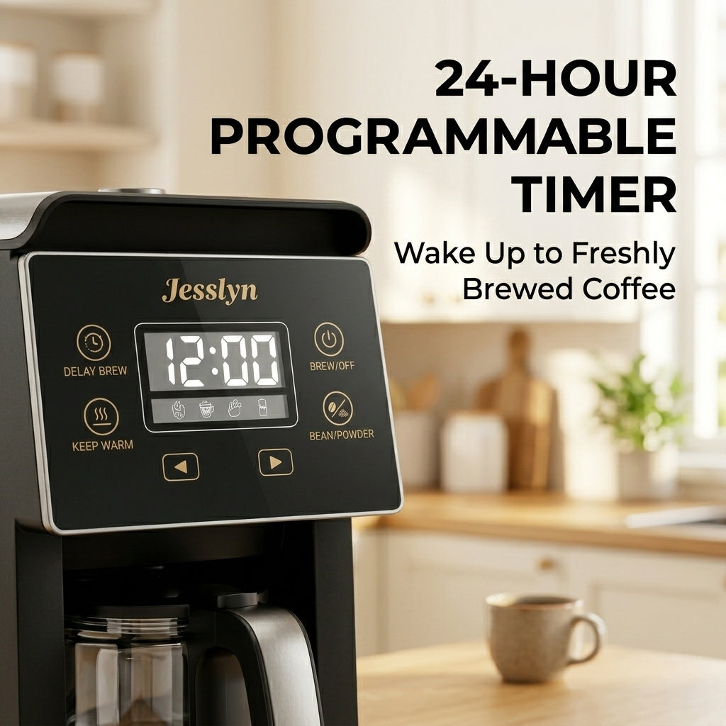 Drip Coffee Maker with Built-in Grinder, Programmable Timer, Glass Carafe and Keep Warm Function, Automatic Coffee Machine for Home Kitchen