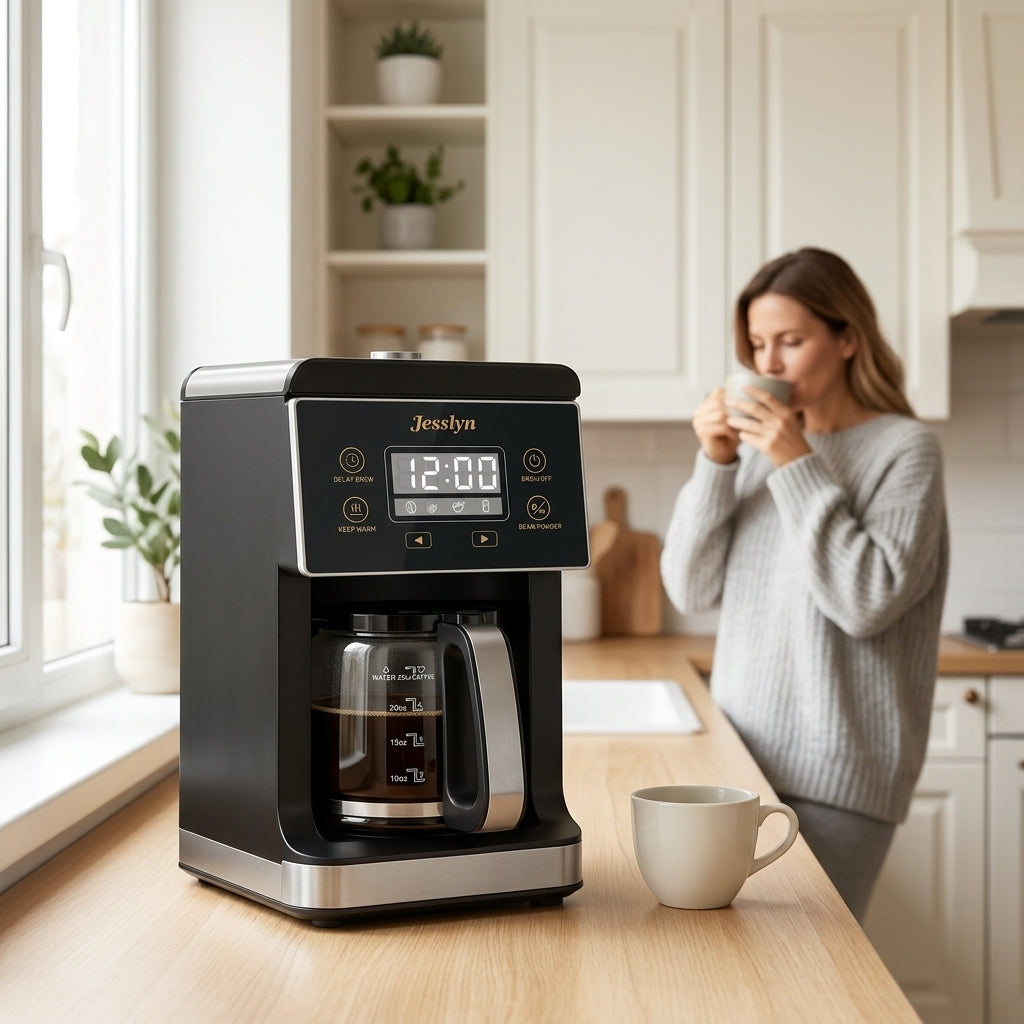 Drip Coffee Maker with Built-in Grinder, Programmable Timer, Glass Carafe and Keep Warm Function, Automatic Coffee Machine for Home Kitchen