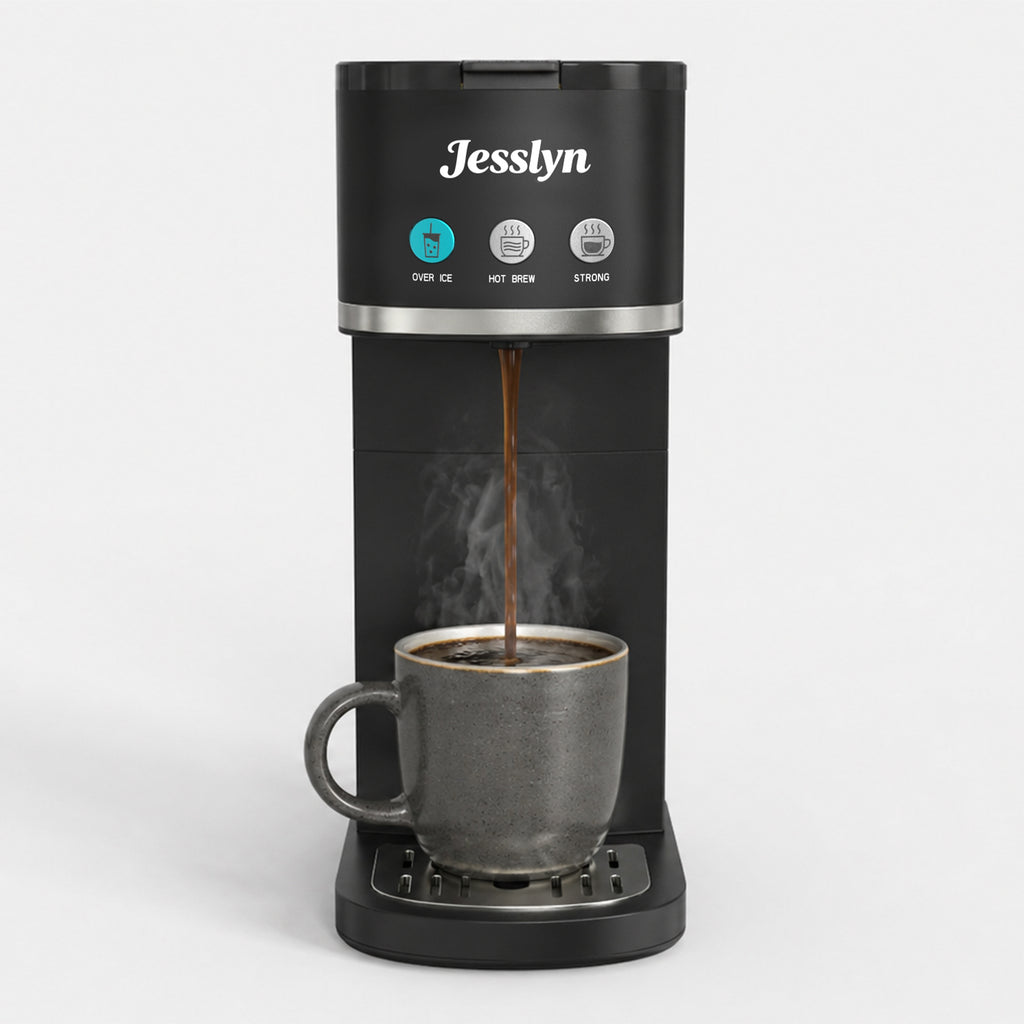 Jesslyn Single Serve Hot and Iced Coffee Maker, Compatible with Multiple Coffee Pods & Ground, Fits Tall Mugs, Over Ice & Strong Brew Function, for Home Office Travel RV Dorm, Classic Black
